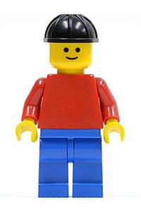 Male Minifigure - Minifigure with a plain red torso and red arms, paired with blue legs and a black construction helmet - pln042