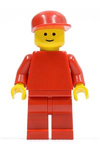 Male Minifigure - Minifigure with red torso, arms, and legs, wearing a matching red cap - pln043