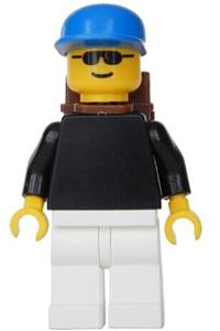Male with Plain Black Torso - Minifigure with plain black torso and arms, white legs, sunglasses, a blue cap, and a backpack - pln045