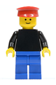 Minifigure with black torso and arms, blue legs, and wearing a red hat - pln046
