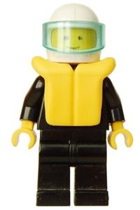 Male with Plain Black Torso - Minifigure wearing a white helmet with a trans-light blue visor, plain black torso, arms, and legs, sporting a life jacket - pln047