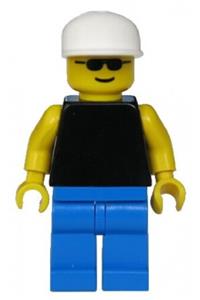 Male with Plain Black Torso - Minifigure with plain black torso/ yellow arms, blue legs, sunglasses, and a white cap - pln048