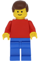 Minifigure with a plain red torso and red arms, blue legs, and black male hair - pln050
