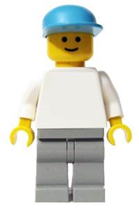 Male Minifigure - Minifigure with white torso and arms, light gray legs, and a Maersk blue cap - pln053