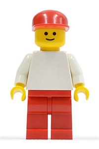 Male Minifigure - Minifigure with a plain white torso and white arms, red legs, and a red cap - pln054