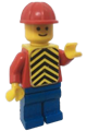 Minifigure with a red torso, red arms, blue legs, a red construction helmet, and a yellow chevron vest - pln056