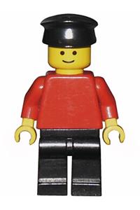 Male Minifigure - Minifigure with plain red torso, red arms, black legs, and a black hat - pln057