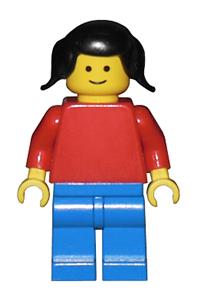 Female with Plain Red Torso - Minifigure has a plain red torso with red arms, blue legs, and black pigtails hair - pln058