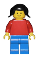 Minifigure has a plain red torso with red arms, blue legs, and black pigtails hair - pln058