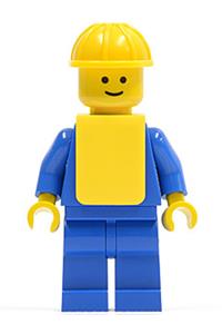 Train Worker Minifigure - Minifigure wearing a yellow construction helmet and vest, with plain blue torso, arms, and legs - pln064