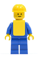 Minifigure wearing a yellow construction helmet and vest, with plain blue torso, arms, and legs - pln064
