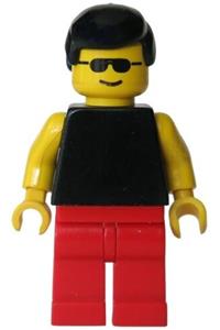 Male with Plain Black Torso - Minifigure wearing plain black torso with yellow arms, red legs, sunglasses, a red cap, and a life jacket - pln065