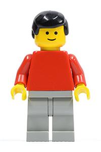 Male Minifigure - Minifigure with red torso and arms, light gray legs, and black male hair - pln066