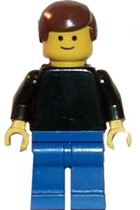 Male with Plain Black Torso - Minifigure with a plain black torso, black arms, blue legs, and brown male hair - pln068