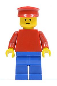Male Minifigure - Minifigure with plain red torso and red arms wearing blue legs and a red hat - pln069