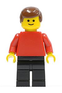 Male Minifigure - Minifigure with a plain red torso and red arms, paired with black legs and brown male hair - pln073