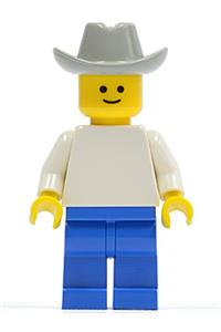 Male Minifigure - Minifigure with plain white torso, white arms, blue legs, and light gray cowboy hat - pln078