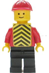 Worker Minifigure - Minifigure with plain red torso and arms, black legs, wearing a red construction helmet and yellow chevron vest - pln079