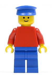 Male Minifigure - Minifigure with plain red torso and arms, blue legs, topped with a blue hat - pln084