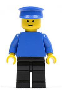 Service Male Minifigure - Minifigure with a plain blue torso and arms, wearing a blue hat and black legs - pln086