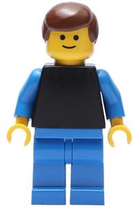 Farmer Male Minifigure - Minifigure with a plain black torso and blue arms, blue legs, and brown male hair - pln087