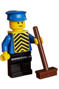 Construction Worker Minifigure - Minifigure with a plain blue torso, blue arms, black legs, a blue hat, and a yellow chevron vest - pln088