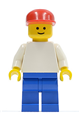 Minifigure with a plain white torso and arms, blue legs, and a red cap - pln090