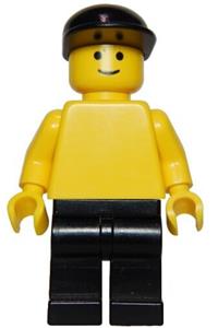 Male Minifigure - Minifigure with a plain yellow torso and arms, black legs, and a light gray cap - pln092