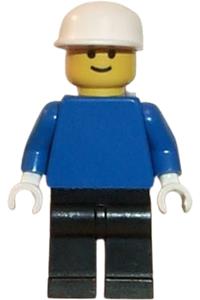 Male with Plain Blue Torso - Minifigure with a plain blue torso and arms, black legs, and a white cap - pln093