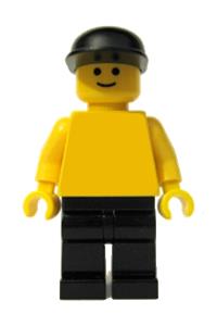 Male Minifigure - Minifigure with yellow torso and arms, wearing black cap, and black legs - pln094