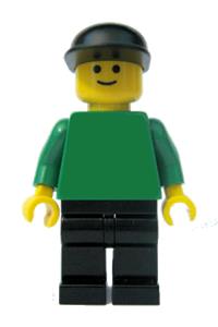 Male Minifigure - Minifigure with a plain green torso and arms, wearing black legs and a black cap - pln095