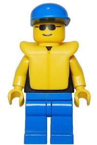 Male with Plain Black Torso - Minifigure with plain black torso and yellow arms, blue legs, sunglasses, blue cap, and life jacket - pln097