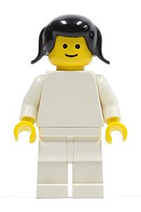 Female Minifigure - Minifigure with plain white torso, white arms, white legs, and black pigtails hair - pln099