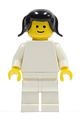 Minifigure with plain white torso, white arms, white legs, and black pigtails hair - pln099