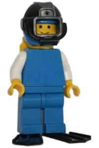 Driver Minifigure - Diver with plain blue torso, white arms, blue legs, blue helmet, black underwater visor, yellow airtanks, and black flippers - pln100