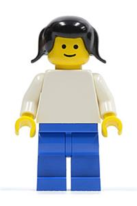 Female Minifigure - Female with plain white torso and white arms, paired with blue legs and black pigtails hair - pln107
