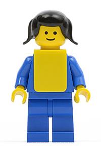 Female with Plain Blue Torso - Minifigure with plain blue torso, blue arms, blue legs, black pigtails hair, and yellow vest - pln108