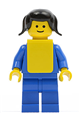 Minifigure with black pigtails hair, yellow vest with baby bib pattern, plain blue torso and arms, blue legs - pln108s