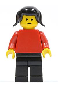 Female Minifigure - Minifigure with plain red torso and arms, black legs, and black pigtails hair - pln112