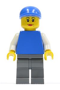 Male Minifigure - Minifigure with white arms and a plain blue torso, dark bluish gray legs, blue short bill cap, and female dual-sided head - pln116