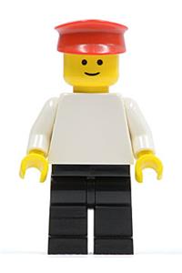 Male Minifigure - Minifigure with a plain white torso and white arms, black legs, and a red hat - pln123