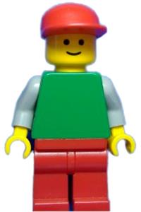 Male Minifigure - Minifigure with a plain green torso and light gray arms, red legs, and a red cap - pln129