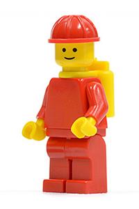 Male Worker Minifigure - Minifigure with a plain red torso, red arms, red legs, red construction helmet, and yellow airtanks - pln130