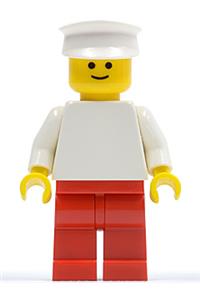 Male Minifigure - Minifigure with a plain white torso, white arms, red legs, and a white hat - pln131