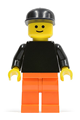 Minifigure with plain black torso, black arms, orange legs, and a black cap - pln134