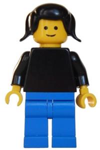 Female with Plain Black Torso - Minifigure with a plain black torso and arms, blue legs, and black pigtails hair - pln136