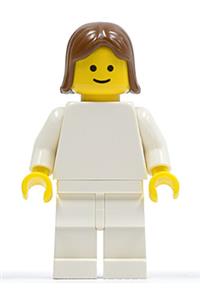 Female Minifigure - Minifigure with a plain white torso, white arms, white legs, and brown female hair - pln142