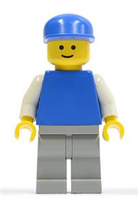 Male Minifigure - Minifigure with plain blue torso, white arms, light gray legs, and a blue cap - pln144