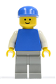 Minifigure with plain blue torso, white arms, light gray legs, and a blue cap - pln144