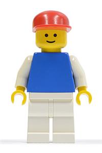 Male Minifigure - Minifigure with a plain blue torso and white arms, white legs, and a red cap - pln148